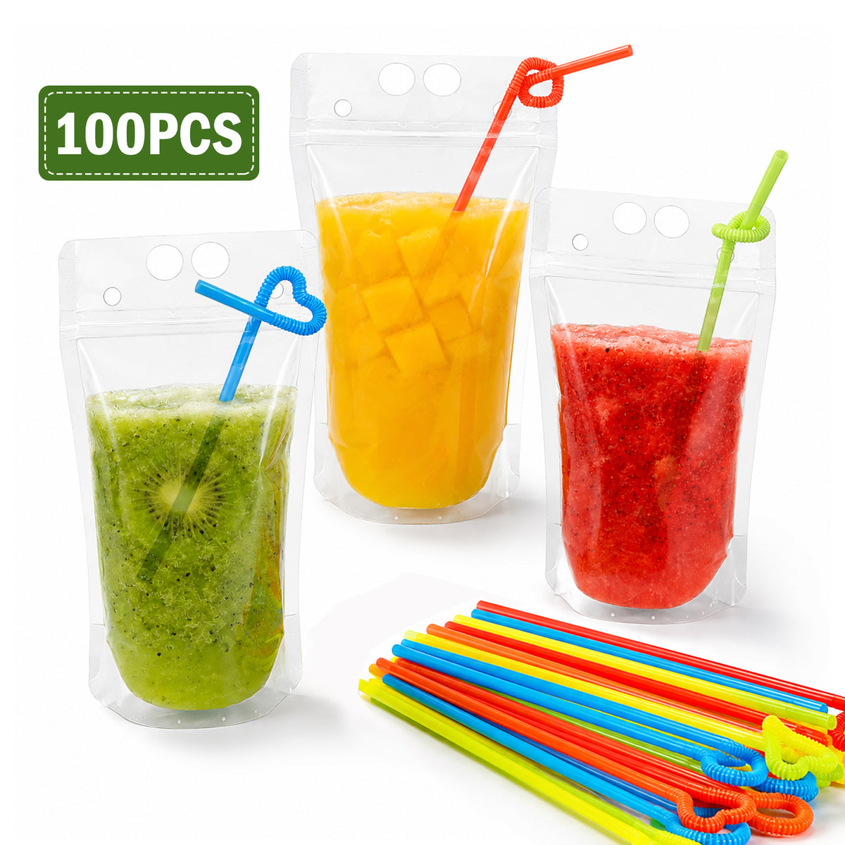 100 Pack Drink Pouches with 100 Straws, Clear Stand-Up Plastic Juice Bags, Reclosable Zipper Beverage Pouches with Carry and Straw Holes for Parties and Travel