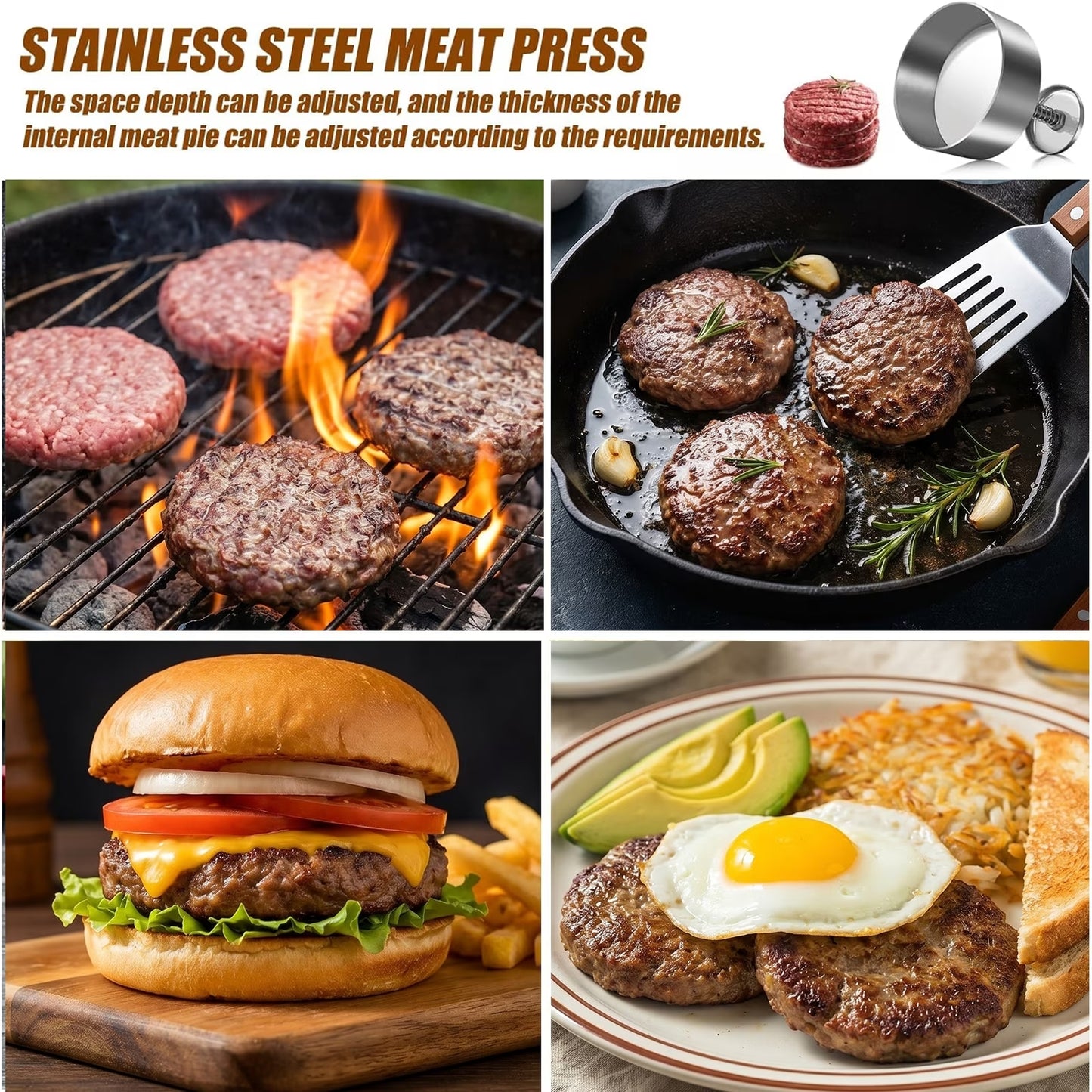 5.5 Inch Hamburger Press, Round Stainless Steel Burger Patty Press, Adjustable Burger Maker with Clear Scales, Easy to Clean for Kitchen, BBQ & Sandwich