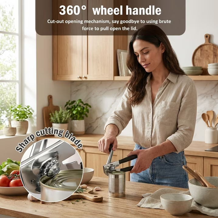 Manual Commercial Can Opener, Stainless Steel Smooth Edge Cutting, Handheld with Easy Crank Handle, Black Non-Slip Grip, Built-in Bottle Opener, Suitable for Home, Kitchen & Restaurant Use