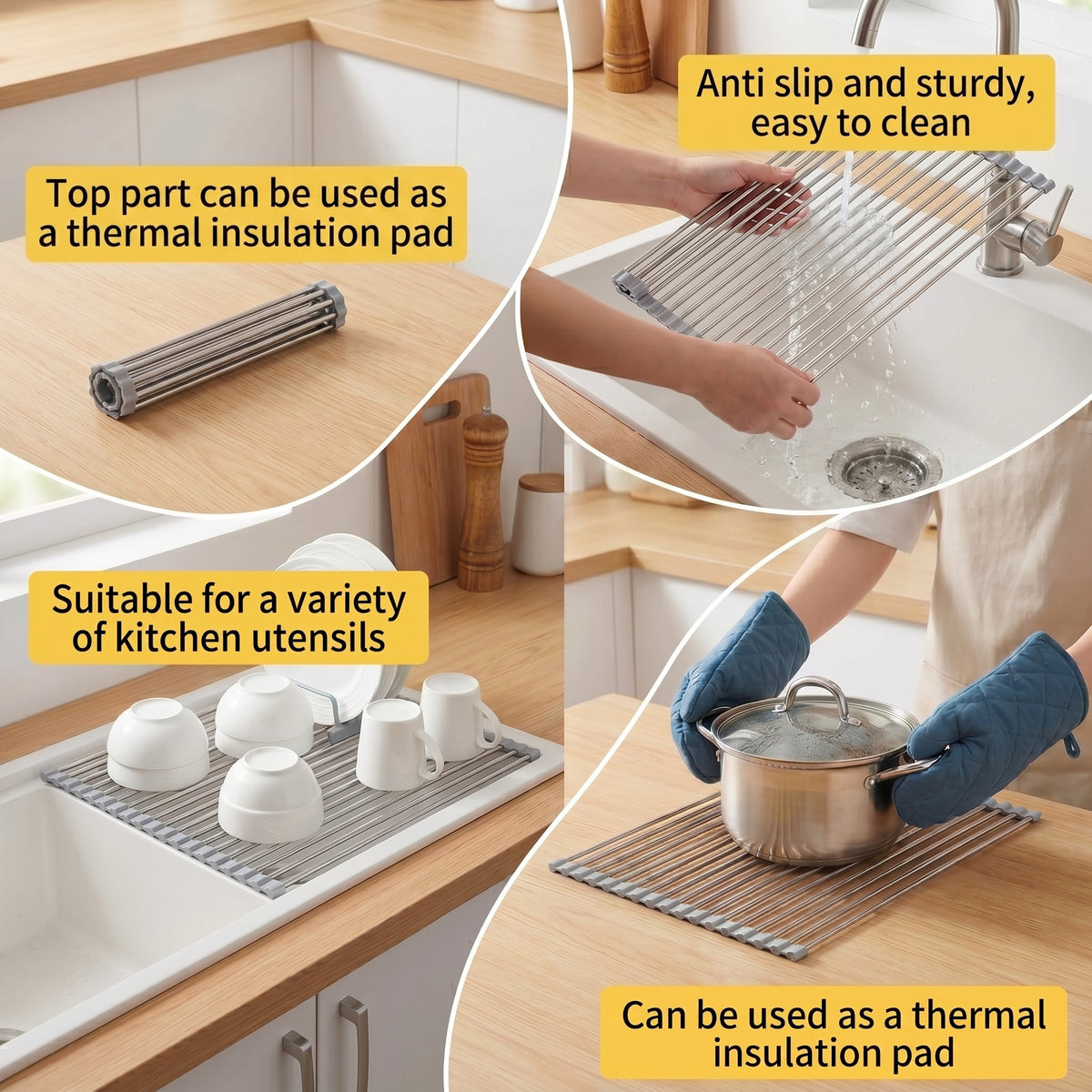 Roll Up Dish Drying Rack, 18.5 x 15.7 Inch Stainless Steel Foldable Over Sink Organizer with Anti-Slip Edges for Kitchen Sink