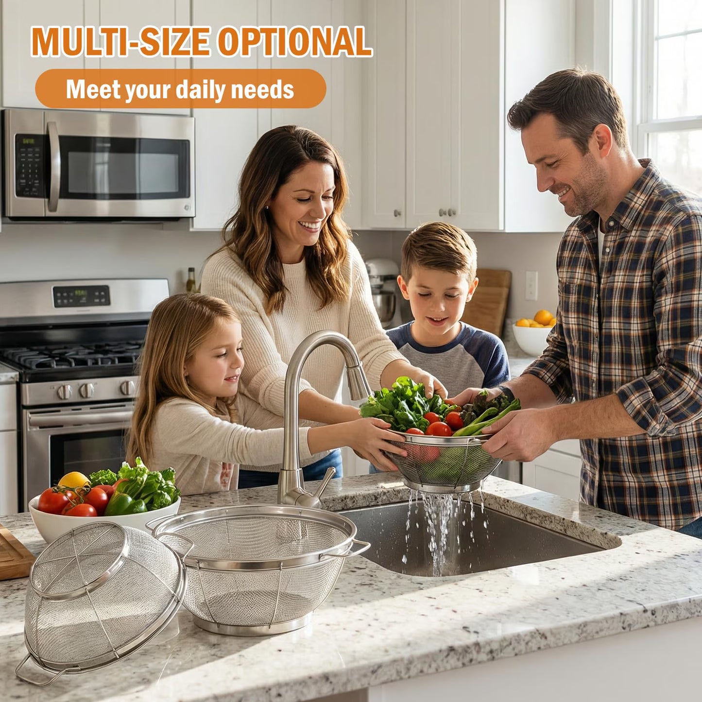 3 Pack Stainless Steel Colander, Colander with Handles and Resting Base, Mesh Strainers for Kitchen – 3 Sizes (3,4,5 Quart), Dishwasher Safe