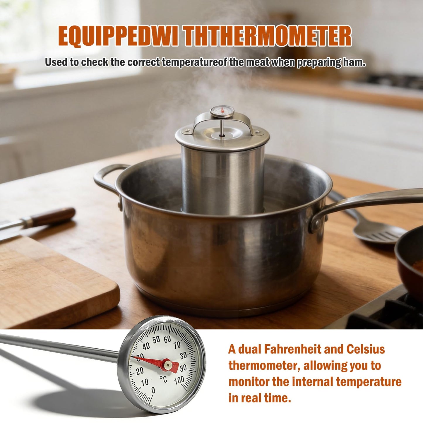 Stainless Steel Ham Maker Meat Press – with Thermometer & Spring Mechanism, Deli Meat Press, Dishwasher Safe