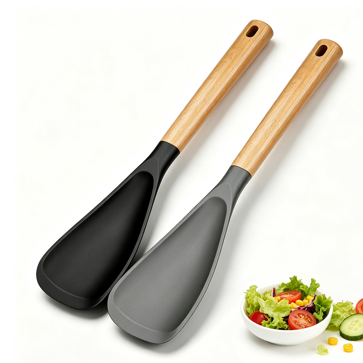 Cooking Spoon for Nonstick Cookwares, 13.4 Inch Matte Silicone Kitchen Utensil with Wooden Handle, Black & Grey Multipurpose Spoon Ideal for Mixing, Scooping and Scraping Food