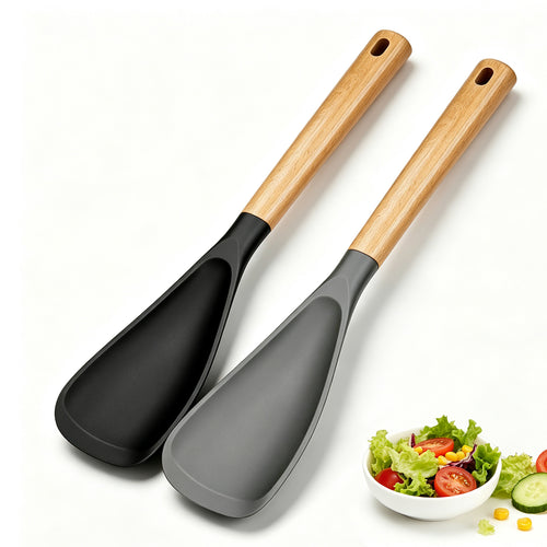 Cooking Spoon for Nonstick Cookwares, 13.4 Inch Matte Silicone Kitchen Utensil with Wooden Handle, Black & Grey Multipurpose Spoon Ideal for Mixing, Scooping and Scraping Food