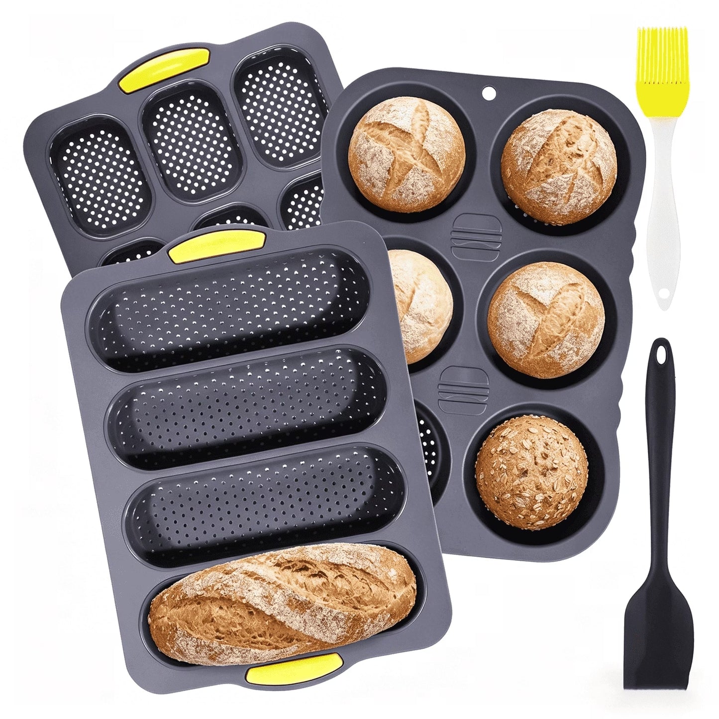 Silicone Baguette Bread Pan, Nonstick French Bread & Hot Dog Bun Mold, Foldable Loaf Pan for Hoagie Rolls, Dishwasher Safe, Easy Release – 3 Pack