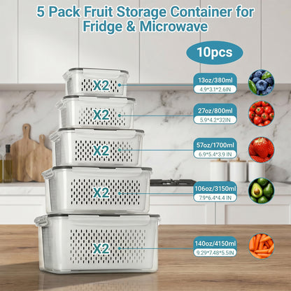 5-Pack Fruit Storage Containers for Refrigerator, Airtight Food Organizer with Double Layer Drain Design