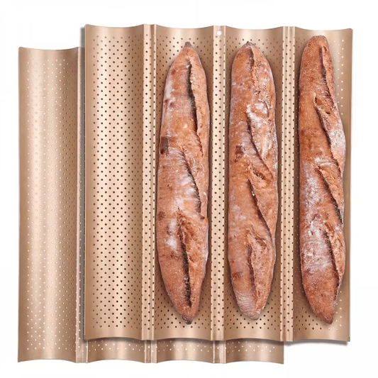 2-Pack Baguette Pan – Perforated Nonstick, 4 Loaves Each, with Proofing Cloth, 15"x13" Gold