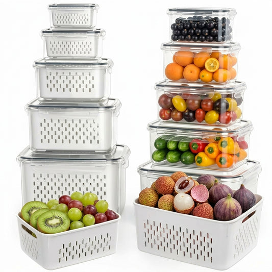 5-Pack Fruit Storage Containers for Refrigerator, Airtight Food Organizer with Double Layer Drain Design