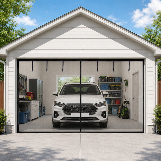 16x7FT Magnetic Garage Door Screen for 2 Car, Heavy‑Duty Reinforced Polyester Mesh Screen with 26 Strong Magnets and 6 Strapping Tapes, Hands‑Free Automatic Closing Mesh Curtain
