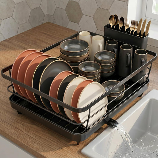 Metal Dish Drying Rack for Kitchen Counter (15.6" × 12") — Black Coated Steel with Removable Utensil Holder & Swivel Drainboard