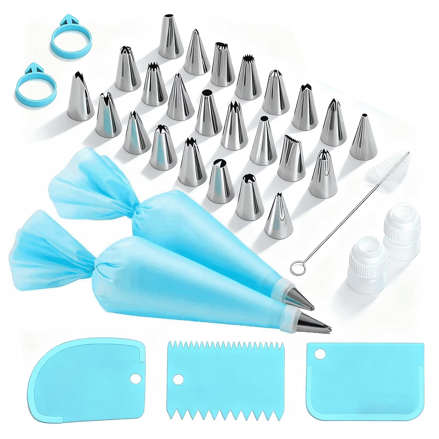 Piping Bags and Tips Set, 2 Reusable Pastry Bags, 24 Piping Tips, 2 Couplers and 3 Cake Scrapers, Piping Kit, Icing Bags and Tips Set for Cupcakes and Cookies