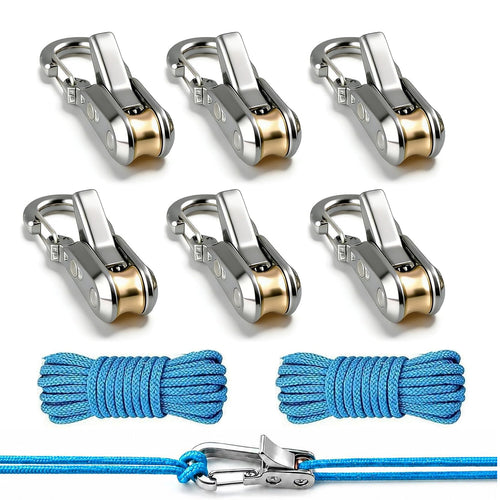 Rope Rollers,Tightener & Guyline Tensioner (6 Pack+2 Ropes), Stainless Steel and Nylon Adjustable Tie‑Down Hardware, Flexible Portable Cord Tensioning Kit for Outdoor Camping, Tent