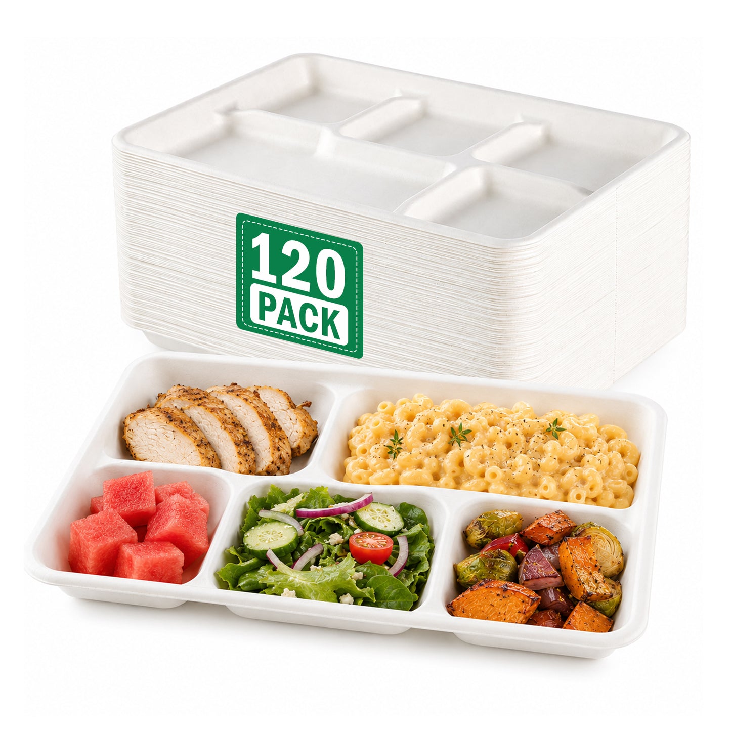 100 Pack Plant-Based 5-Compartment Disposable Plates, Divided Paper Dinner Plates for Party, Catering & Special Events