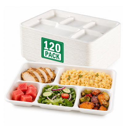 100 Pack Plant-Based 5-Compartment Disposable Plates, Divided Paper Dinner Plates for Party, Catering & Special Events