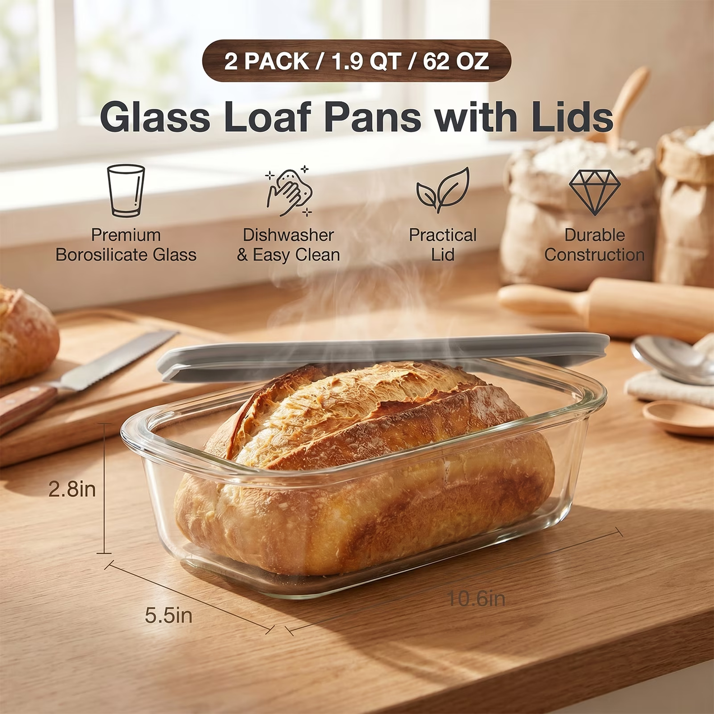 2-Pack Glass Loaf Pan with Lids – Deep 1.9 QT, Clear Baking Dish, Wide Handles, Oven to Fridge