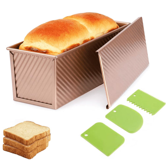 2.2 Lb Pullman Loaf Pan with Lid, 13x4 Nonstick Carbon Steel Bread Pan for Sandwich and Sourdough, Rectangular Corrugated Toast Box Mold for Oven Baking, Gold