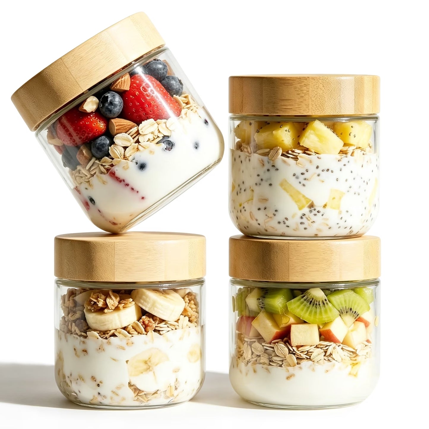 4-Pack 10oz Glass Jars with Airtight Bamboo Lids – Wide Mouth Mason Jars for Meal Prep, Overnight Oats, Yogurt, Salad, Snacks, Chia Pudding & Food Storage