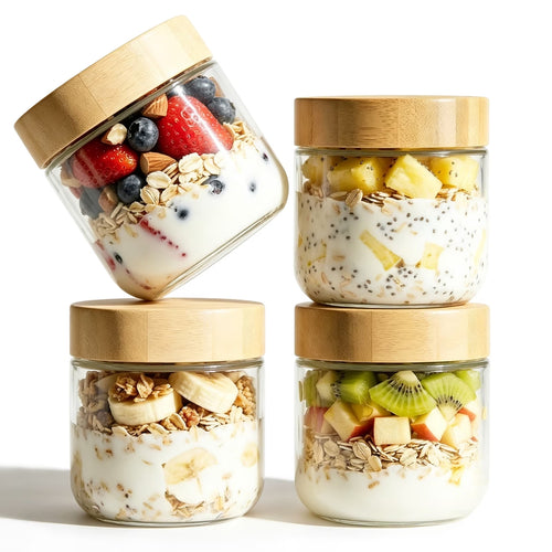 4-Pack 10oz Glass Jars with Airtight Bamboo Lids – Wide Mouth Mason Jars for Meal Prep, Overnight Oats, Yogurt, Salad, Snacks, Chia Pudding & Food Storage