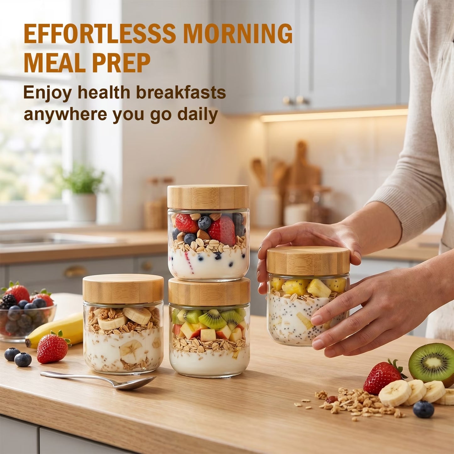 4-Pack 10oz Glass Jars with Airtight Bamboo Lids – Wide Mouth Mason Jars for Meal Prep, Overnight Oats, Yogurt, Salad, Snacks, Chia Pudding & Food Storage
