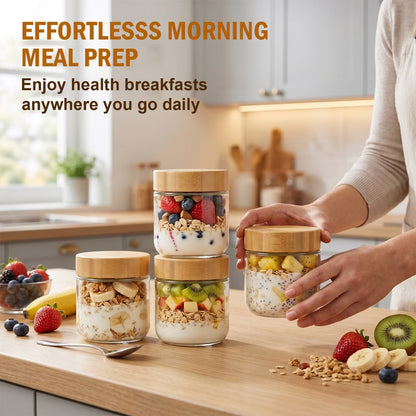 4-Pack 10oz Glass Jars with Airtight Bamboo Lids – Wide Mouth Mason Jars for Meal Prep, Overnight Oats, Yogurt, Salad, Snacks, Chia Pudding & Food Storage