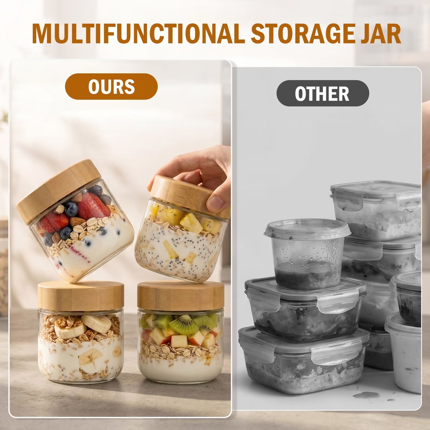 4-Pack 10oz Glass Jars with Airtight Bamboo Lids – Wide Mouth Mason Jars for Meal Prep, Overnight Oats, Yogurt, Salad, Snacks, Chia Pudding & Food Storage