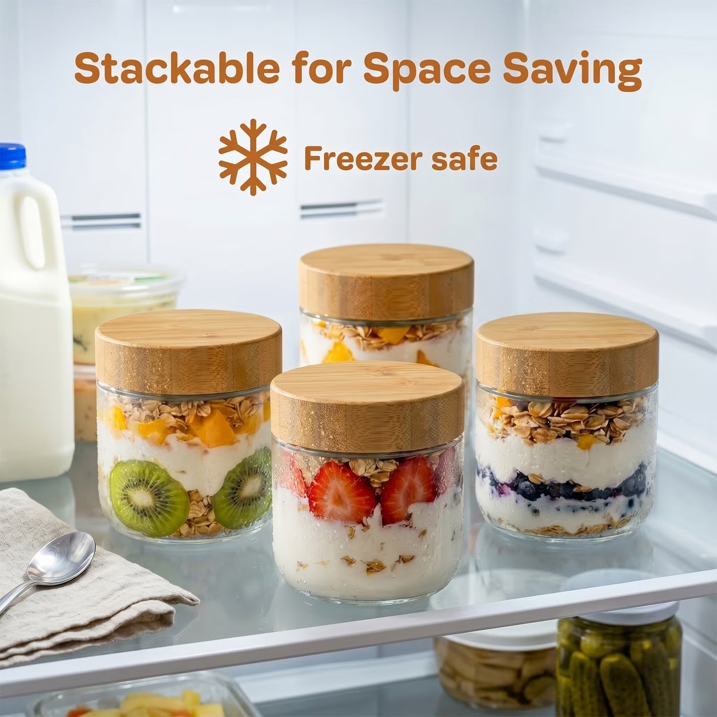 4-Pack 10oz Glass Jars with Airtight Bamboo Lids – Wide Mouth Mason Jars for Meal Prep, Overnight Oats, Yogurt, Salad, Snacks, Chia Pudding & Food Storage