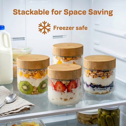 4-Pack 10oz Glass Jars with Airtight Bamboo Lids – Wide Mouth Mason Jars for Meal Prep, Overnight Oats, Yogurt, Salad, Snacks, Chia Pudding & Food Storage