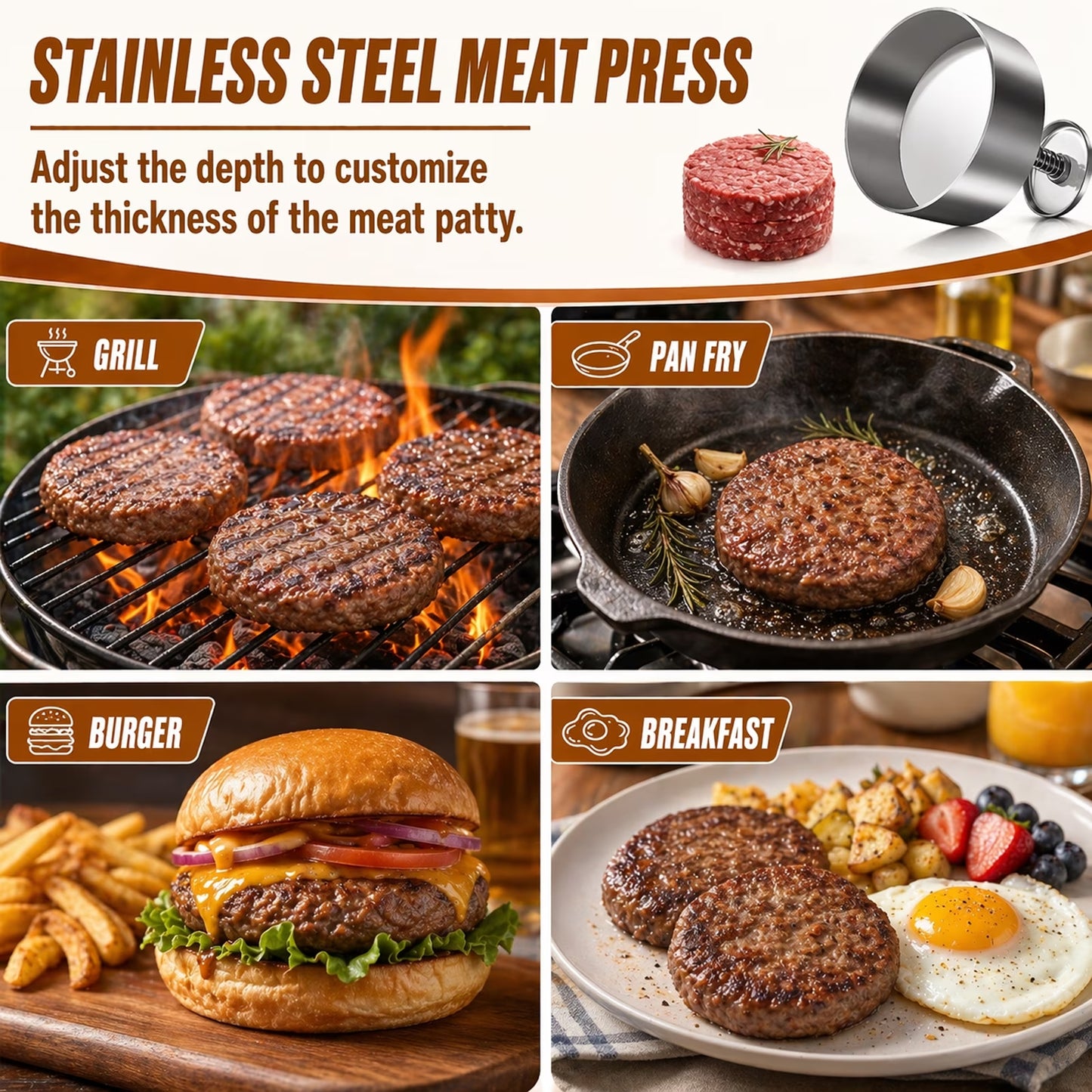 4.5 Inch Hamburger Press, Round Stainless Steel Burger Patty Press, Adjustable Burger Maker with Clear Scales, Easy to Clean for Kitchen, BBQ & Sandwich