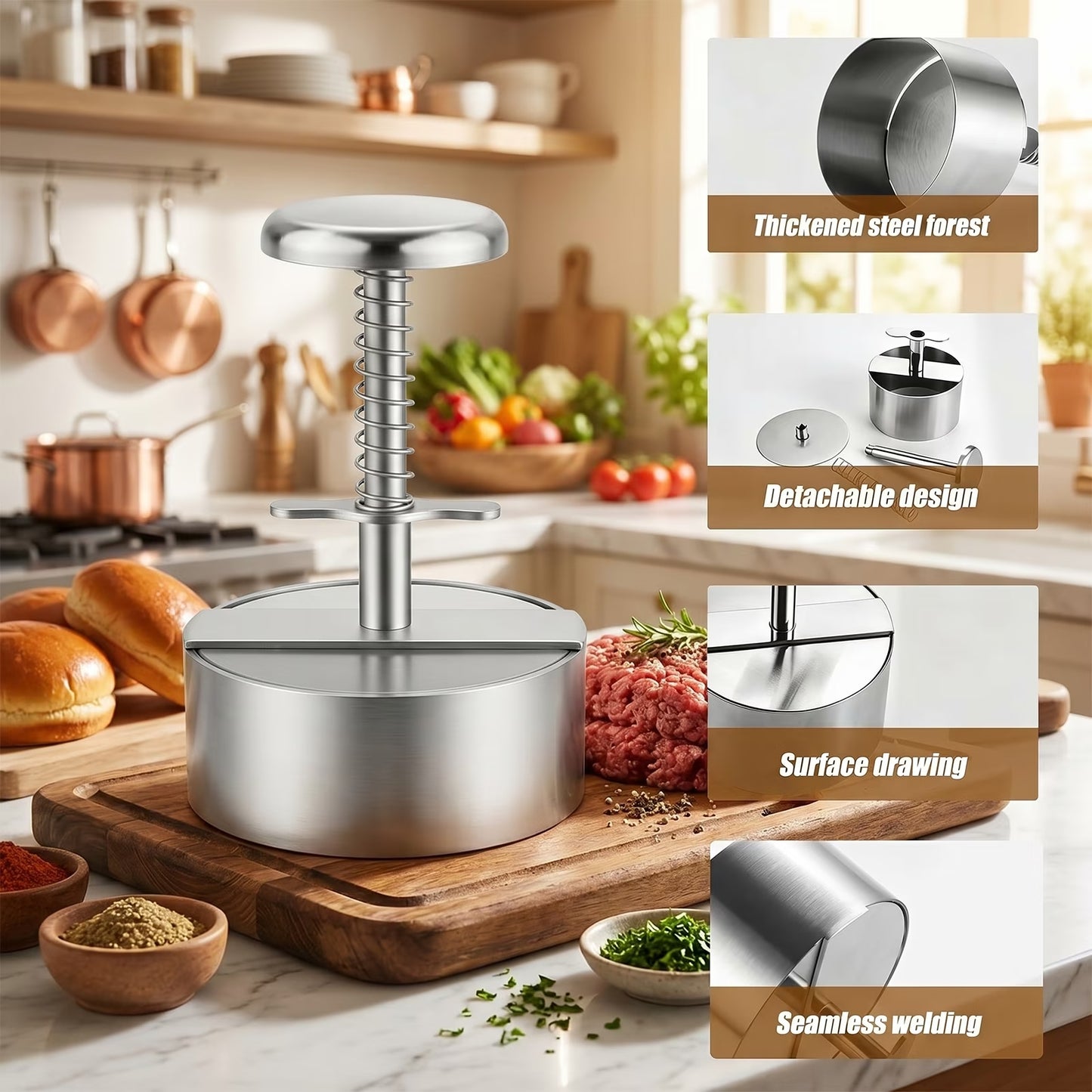 4.5 Inch Hamburger Press, Round Stainless Steel Burger Patty Press, Adjustable Burger Maker with Clear Scales, Easy to Clean for Kitchen, BBQ & Sandwich