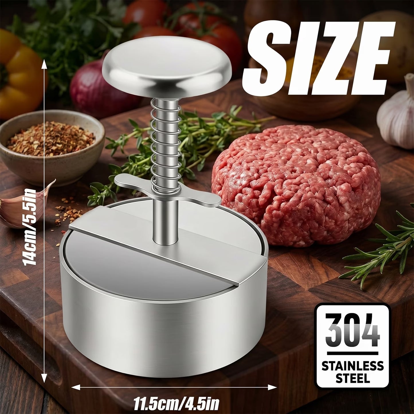 4.5 Inch Hamburger Press, Round Stainless Steel Burger Patty Press, Adjustable Burger Maker with Clear Scales, Easy to Clean for Kitchen, BBQ & Sandwich