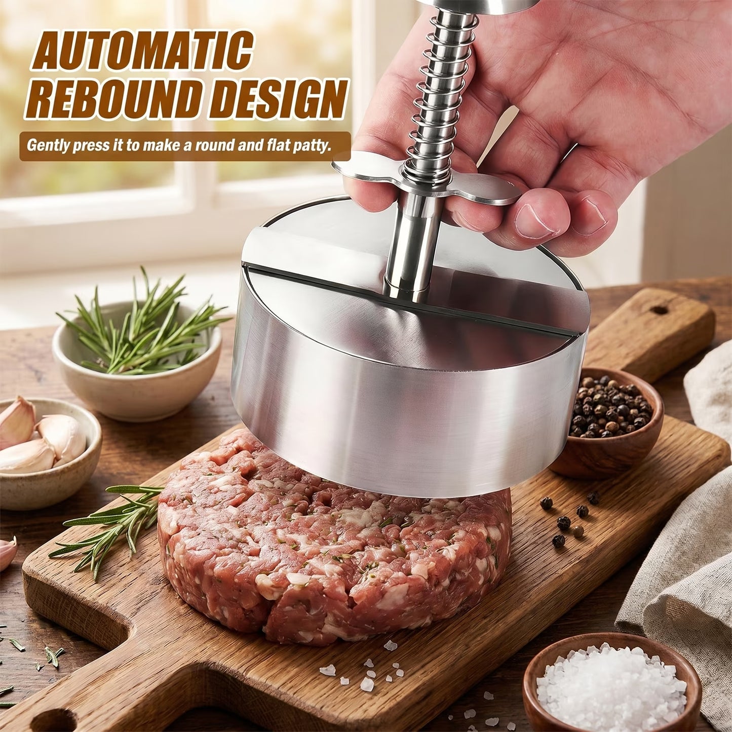 4.5 Inch Hamburger Press, Round Stainless Steel Burger Patty Press, Adjustable Burger Maker with Clear Scales, Easy to Clean for Kitchen, BBQ & Sandwich