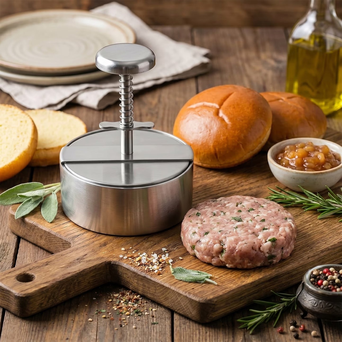 5.5 Inch Hamburger Press, Round Stainless Steel Burger Patty Press, Adjustable Burger Maker with Clear Scales, Easy to Clean for Kitchen, BBQ & Sandwich