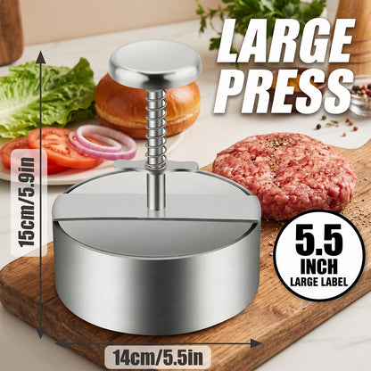 5.5 Inch Hamburger Press, Round Stainless Steel Burger Patty Press, Adjustable Burger Maker with Clear Scales, Easy to Clean for Kitchen, BBQ & Sandwich