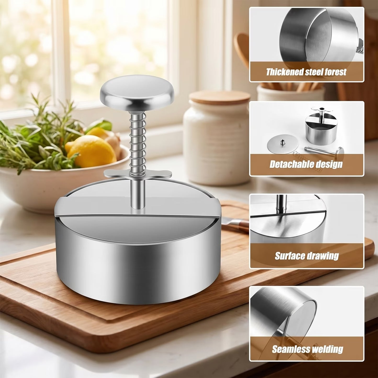 5.5 Inch Hamburger Press, Round Stainless Steel Burger Patty Press, Adjustable Burger Maker with Clear Scales, Easy to Clean for Kitchen, BBQ & Sandwich