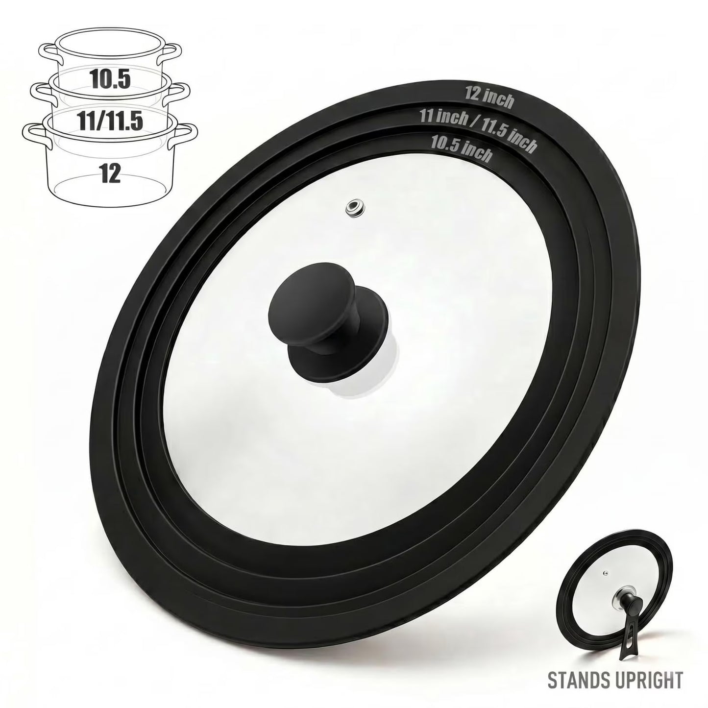 9.5-12 Inch Clear Glass Pot Lid with Vertical Stand — Silicone Rim Fits Multiple Pan Sizes, Interchangeable Handle for 10"/11"/12" Cookware