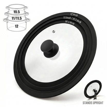 9.5-12 Inch Clear Glass Pot Lid with Vertical Stand — Silicone Rim Fits Multiple Pan Sizes, Interchangeable Handle for 10"/11"/12" Cookware