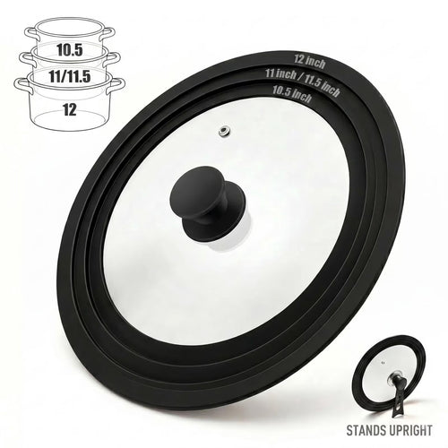 9.5-12 Inch Clear Glass Pot Lid with Vertical Stand — Silicone Rim Fits Multiple Pan Sizes, Interchangeable Handle for 10"/11"/12" Cookware