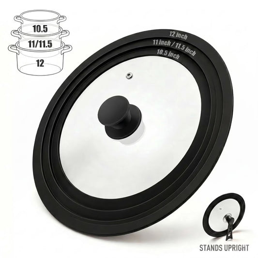 9.5-12 Inch Clear Glass Pot Lid with Vertical Stand — Silicone Rim Fits Multiple Pan Sizes, Interchangeable Handle for 10"/11"/12" Cookware