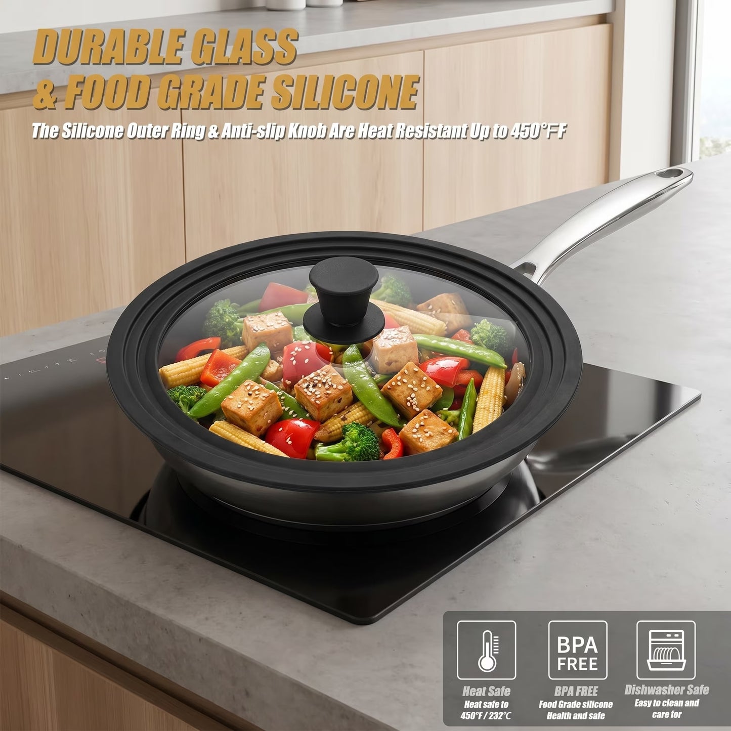 9.5-12 Inch Clear Glass Pot Lid with Vertical Stand — Silicone Rim Fits Multiple Pan Sizes, Interchangeable Handle for 10"/11"/12" Cookware
