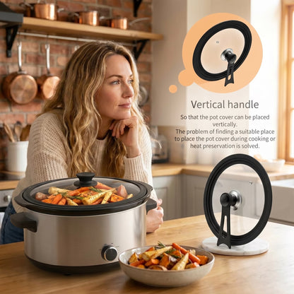 9.5-12 Inch Clear Glass Pot Lid with Vertical Stand — Silicone Rim Fits Multiple Pan Sizes, Interchangeable Handle for 10"/11"/12" Cookware
