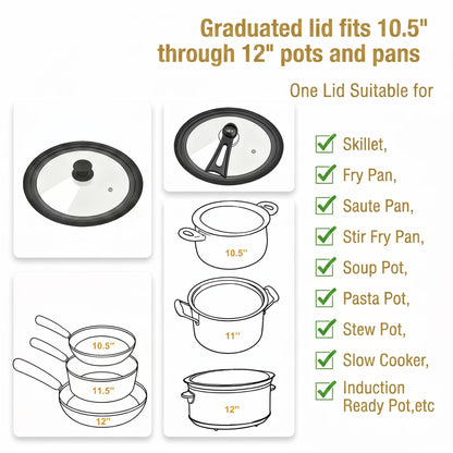 9.5-12 Inch Clear Glass Pot Lid with Vertical Stand — Silicone Rim Fits Multiple Pan Sizes, Interchangeable Handle for 10"/11"/12" Cookware