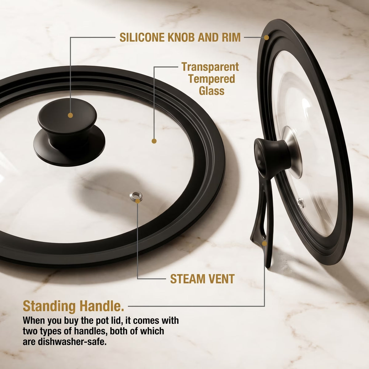 9.5-12 Inch Clear Glass Pot Lid with Vertical Stand — Silicone Rim Fits Multiple Pan Sizes, Interchangeable Handle for 10"/11"/12" Cookware