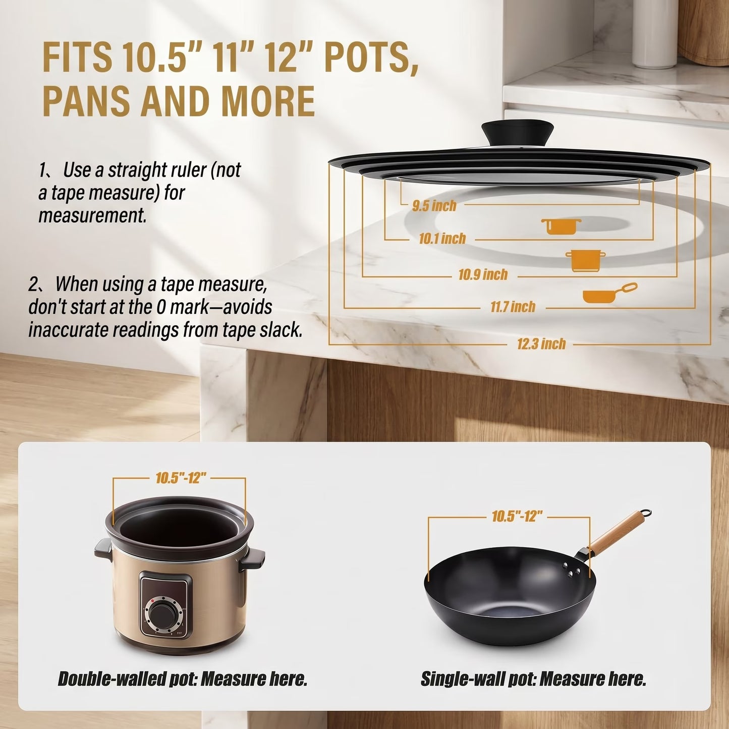 9.5-12 Inch Clear Glass Pot Lid with Vertical Stand — Silicone Rim Fits Multiple Pan Sizes, Interchangeable Handle for 10"/11"/12" Cookware