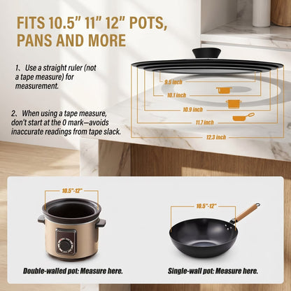 9.5-12 Inch Clear Glass Pot Lid with Vertical Stand — Silicone Rim Fits Multiple Pan Sizes, Interchangeable Handle for 10"/11"/12" Cookware