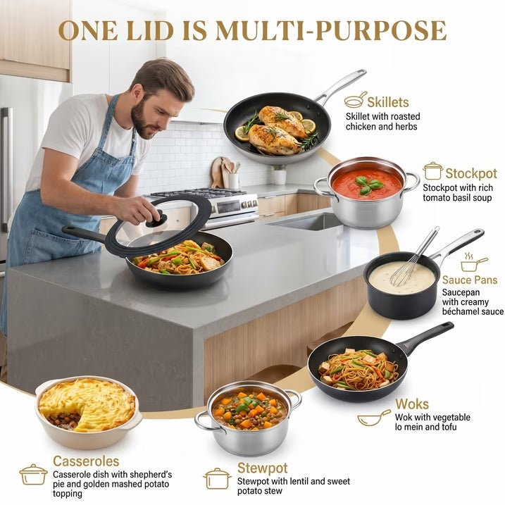9.5-12 Inch Clear Glass Pot Lid with Vertical Stand — Silicone Rim Fits Multiple Pan Sizes, Interchangeable Handle for 10"/11"/12" Cookware