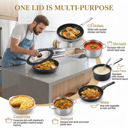 9.5-12 Inch Clear Glass Pot Lid with Vertical Stand — Silicone Rim Fits Multiple Pan Sizes, Interchangeable Handle for 10"/11"/12" Cookware