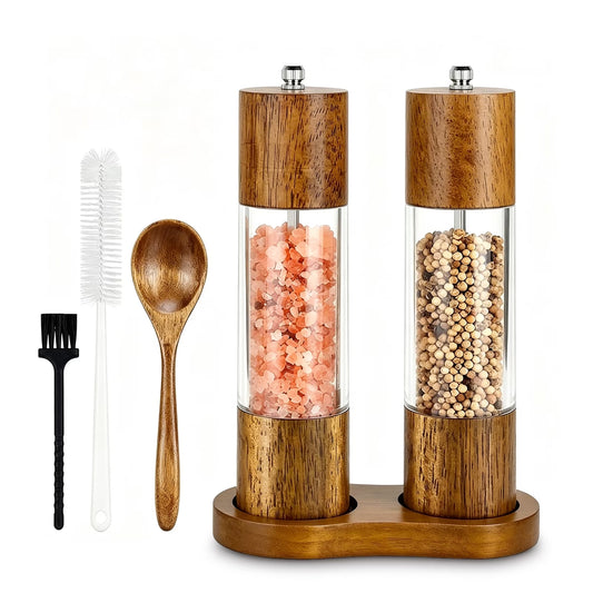 8-Inch Wooden Salt & Pepper Grinder Set, 2-Piece Manual Mills with Adjustable Ceramic Core and Stand