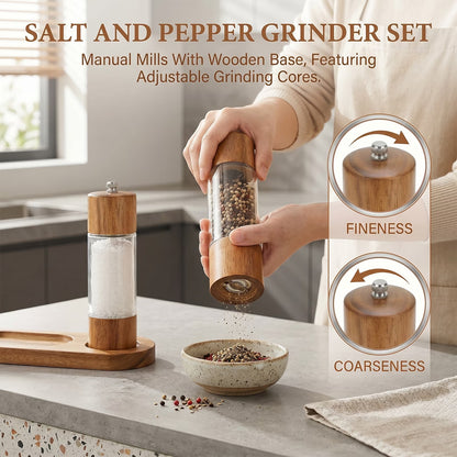 8-Inch Wooden Salt & Pepper Grinder Set, 2-Piece Manual Mills with Adjustable Ceramic Core and Stand