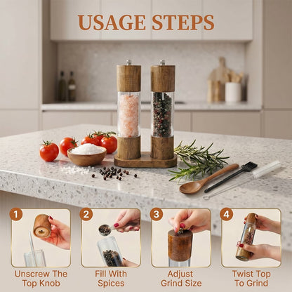 8-Inch Wooden Salt & Pepper Grinder Set, 2-Piece Manual Mills with Adjustable Ceramic Core and Stand