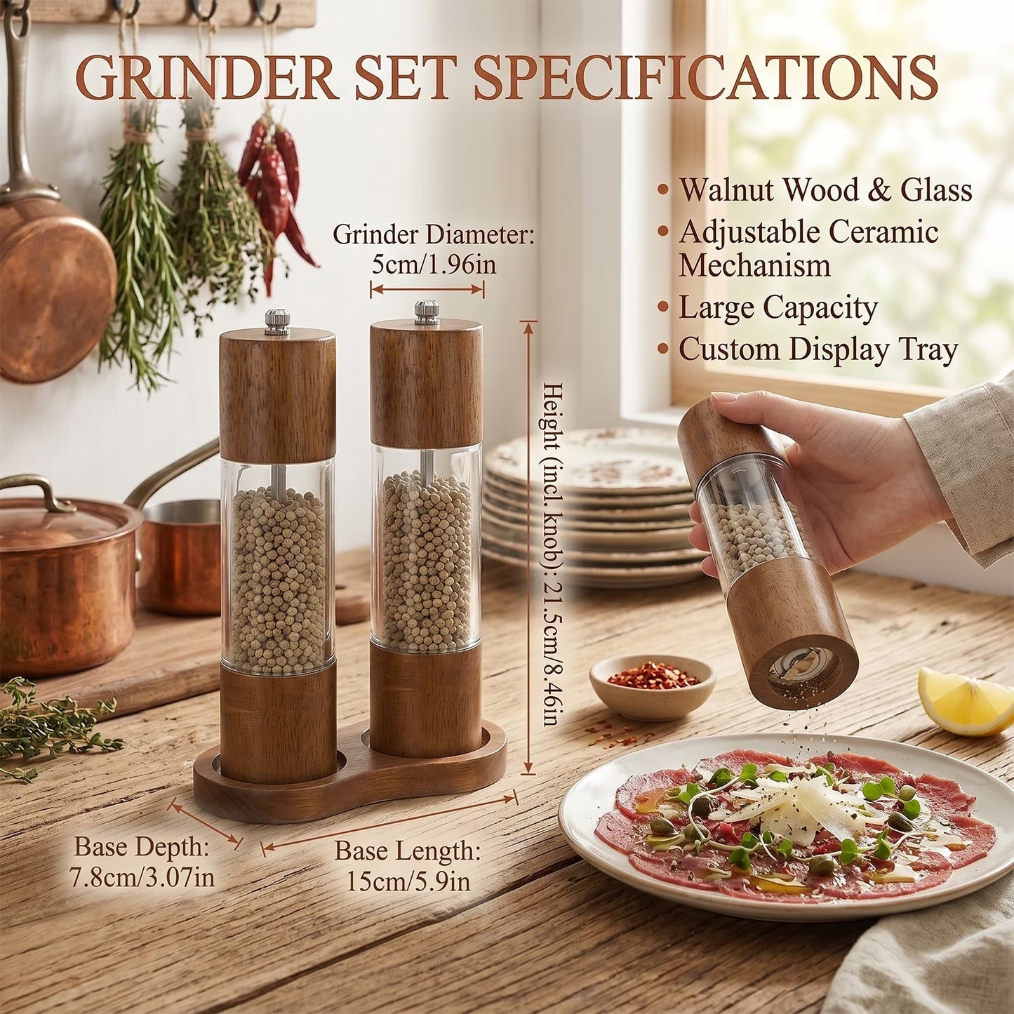 8-Inch Wooden Salt & Pepper Grinder Set, 2-Piece Manual Mills with Adjustable Ceramic Core and Stand